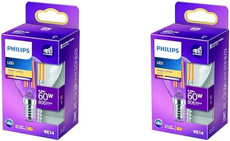 Philips LED Premium Classic P45 Lustre Light Bulb [E14 Small Edison Screw] 6.5W - 60W Equivalent, Warm White (2700K), Non Dimmable (Pack of 2)