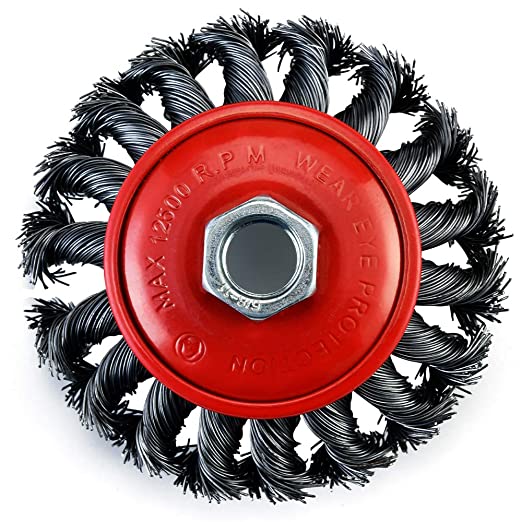 TILAX 4 Inch Wire Wheel Brush, Knotted Twist Wire Wheel for Grinders and Angle Grinder, 5/8 Inch-11 Threaded Arbor, 0.020 Inch Carbon Steel Wire, Heavy-Duty Conditioning for Metal