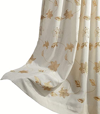 VOGOL(2 Panels Ultra Sleep Flower Embroidered Faux Linen Grommet Curtains for Living Room,Energy Efficient Window Treatment Panels,52 x 63 Inch, Gold