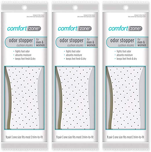 Comfort Zone Odor Stopper Insoles Unisex, Women's 5-10 Men's 7-13 (Pack of 3)