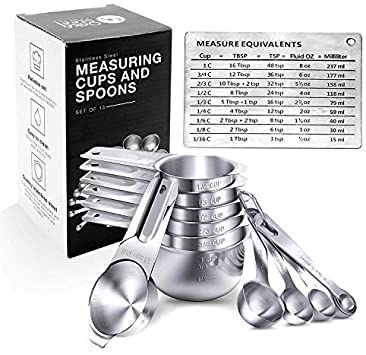 15 Pack Measuring Cups and Spoons - Premium Quality Stainless Steel, 6 Measuring Cups & 6 Measuring Spoons  2 D Rings & Magnetic Conversion Chart - Kitchen Accessory Cooking Baking, Christmas Gift