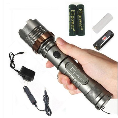 ETpower 1800LM XM-L T6 LED Zoomable Torch Flashlight Light 2 x 18650 Battery  1 x Car Charger1 x AC Charger