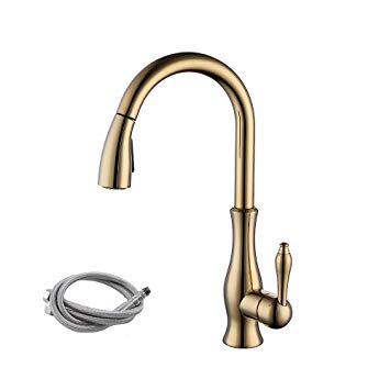 KES cUPC NSF Certified Brass Singel Lever High Arc Pull Down Kitchen Faucet with Retractable Pull Out Wand, Swivel Spout Gold, L6915LF-PG