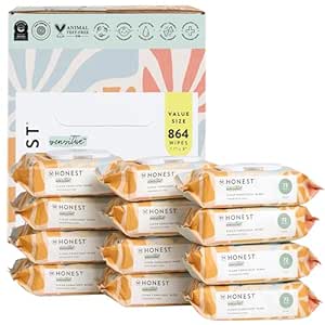 The Honest Company Clean Conscious Unscented Wipes | Over 99% Water, Compostable, Plant-Based, Baby Wipes | Hypoallergenic for Sensitive Skin, EWG Verified | Sunburst, 864 Count