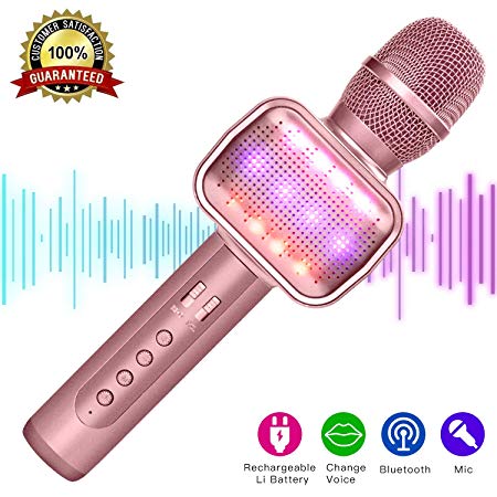 Leeron Karaoke Microphone, Microphone for Kids Wireless Bluetooth Portable Handheld Karaoke Machine for Party Home Birthday and Toys for Boys Girls Age 12 15（Rose Gold）