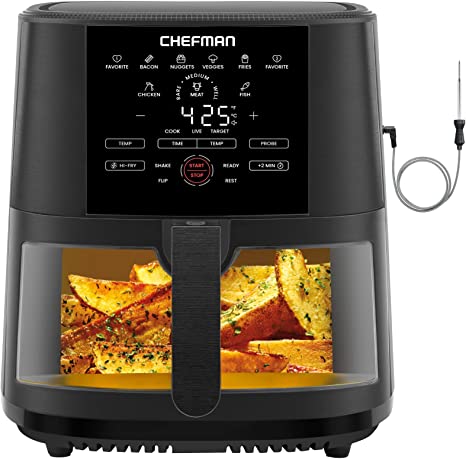 Chefman Air Fryer 8 Qt with Probe Thermometer, 8 Preset Functions, 1-Touch Digital Display Compact Cooker, Extra Large Nonstick Square Air Fryer Basket with Window, Dishwasher-Safe Parts, Black