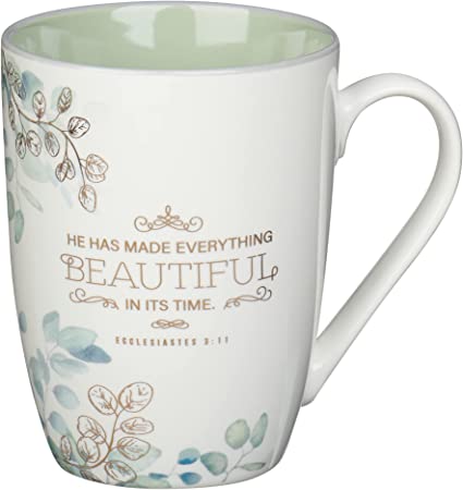 Christian Art Gifts Ceramic Encouraging Coffee and Tea Mug for Women: Made Everything Beautiful - Ecclesiastes 3:11 Inspiration Bible Verse for Hot and Cold Beverages, White and Sage Green, 12 oz.