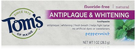 Tom's of Maine Natural Fluoride Free, Antiplaque Tartar Control & Whitening Toothpaste, Peppermint, 1 Ounce, Pack of 12