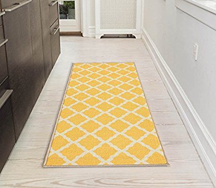 Ottomanson Glamour Collection Contemporary Moroccan Trellis Design Lattice Runner Rug (Non-Slip) Kitchen and Bathroom Mat, 20" X 59", Yellow