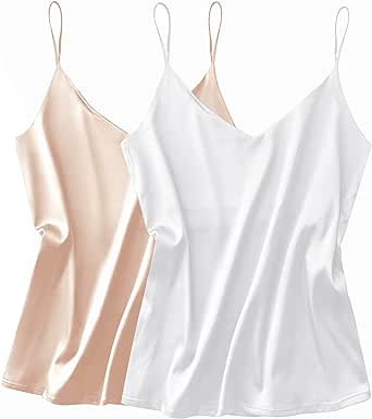 Ekouaer Womens Silk Satin Tank Top 2 Pack V Neck Basic Camisole