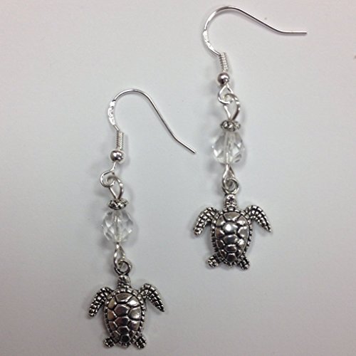 Sea Turtle Earrings with a clear faceted crystal accent bead, on sterling silver earwires