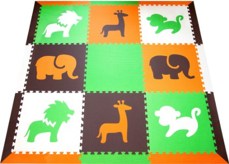 SoftTiles Safari Animals Interlocking Children's Foam Play Mats Orange, Lime, Brown, and White- Large 2' Floor Tiles- 78" x 78" (6.5' x 6.5')