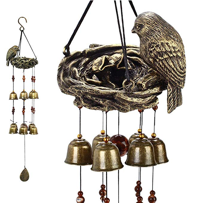 Gardenvy Bird Nest Wind Chime, Bird Bells Chimes with 12 Wind Bells for Glory Mother’s Love Gift, Garden Backyard Church Hanging Decor, Bronze
