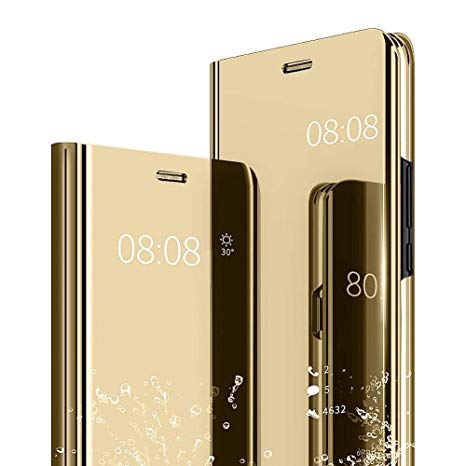 Isoar Compatible/Replacement fit iPhone Xs Max Case Smart Clear View Window Flip Slim Multi-Function Mirror Case S-View Fashion Stand flip Folio Full Body Protection Shockproof Cover fit (Gold)