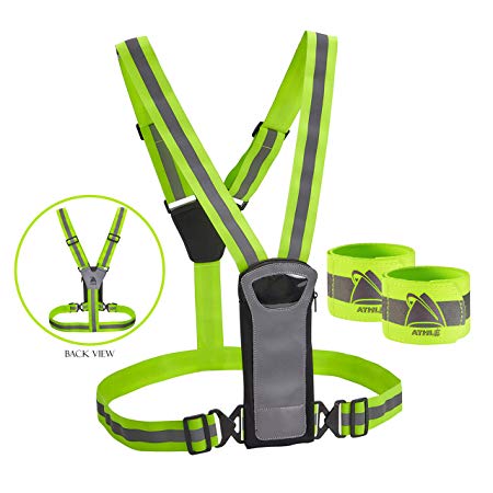 Athlé Reflective Vest and Bands with Phone and Storage Pouch, Adjustable Stretch Waist Belt - Neon Yellow Straps - High Visibility Safety Gear for Running, Jogging, Biking, and Hiking,