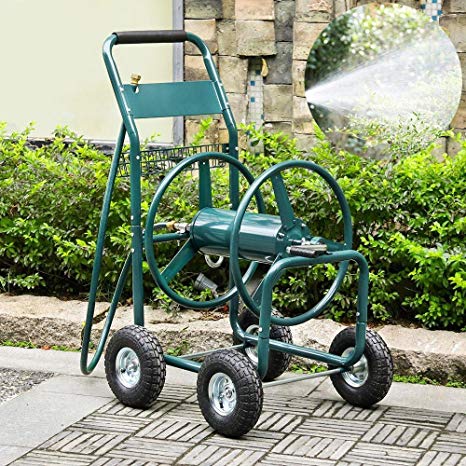 go2buy Heavy Duty Garden Hose Reel Cart with Wheels 300ft Water Hose Holder & Storage Basket