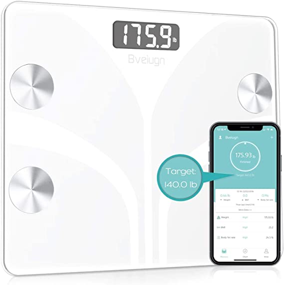 Body Fat Scale, Smart Wireless Digital Bathroom BMI Weight Scale, Body Composition Analyzer Health Monitor with Tempered Glass Platform Large Digital Backlit LCD with Smartphone App (White)