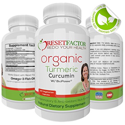 Turmeric Curcumin with BioPerine Black Pepper Extract by Reset Factor - Benefits of Turmeric Anti Inflammatory - Support Joints and Reduce Inflammation. 100% Organic Best Turmeric Supplement.