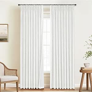 INOVADAY 100% Blackout Curtains for Bedroom, Pinch Pleated Linen Blackout Curtains 108 Inch Length 2 Panels Set, Thermal Room Darkening Linen Curtain Drapes for Bedroom Living Room, W40 x L108, White