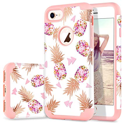 iPhone 7 Case, iPhone 8 Case, Flower Pineapple Design DUEDUE Dual Layer Hybrid Hard PC Soft Rubber Anti-Scratch Shockproof Protective Case Cover for iPhone 7/8 Rose Gold