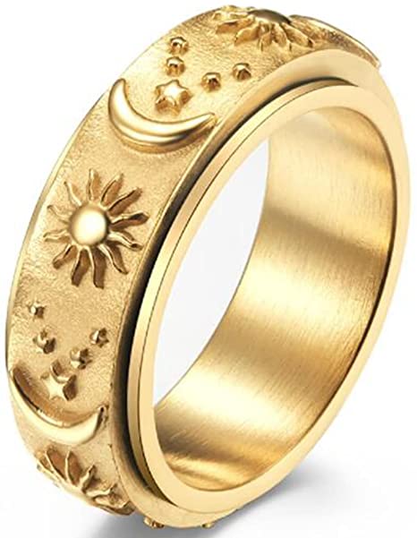 Stainless Steel Sun Moon Star Rotating Spinning Band Style Anxiety Relief Ring