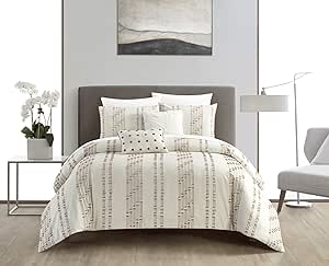 New York & Company Desiree 5 Piece Cotton Comforter Set Contemporary Striped Clip Jacquard Bedding - Decorative Pillows Shams Included, Queen, Beige