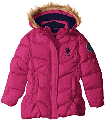 U.S. Polo Assn. Girls' Bubble Jacket with Faux Fur Trim Hood