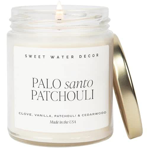 Sweet Water Decor Palo Santo Patchouli Soy Candle - Gold Pepper, Clove Leaf, Nutmeg & Lavender Scented Candles for Home - Gifts for Him -9oz Clear Jar   Gold Lid, 40  Hour Burn Time, Made in the USA