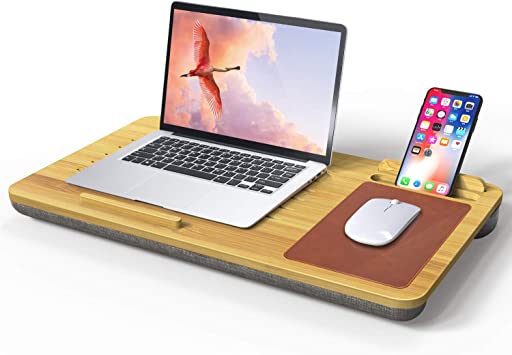 Laptop Desk Stand Wooden with Mouse Pad - Fits up to 15 inches Holder Lap Desk Adjustable with Pillow Cushion Wrist Pads, Laptop Mat Stand for Notebook, MacBook, Book Tablet Portable with Phone Holder