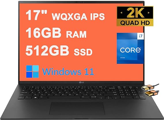 LG Gram 17 Business Lightweight Laptop 17" WQXGA 2560x1600 IPS (DCI-P3 99%) 13th Gen Intel 12-Core i7-1360P 16GB RAM 512GB SSD Backlit Thunderbolt4 USB4 Long Battery Life Win11 Black + HDMI Cable