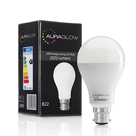 AURAGLOW Super Bright 15w LED B22 Bayonet Light Bulb, Cool White, 6500K -1521 Lumens - 100w EQV