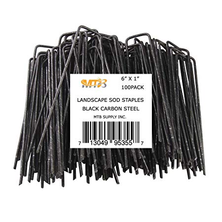 MTB 100 Pack 6" L x 1" W 11GA (0.12") Sod Staples, Black Carbon Steel - Garden Pins Netting Stakes Ground Spikes Landscape Cover Pegs (Also Sold as 50 & 250 Pack. Galvanized Anti-Rust is Available)