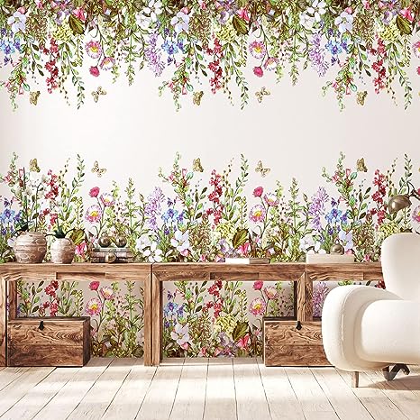 Flower Wall Decals Large Flower Clusters Butterfly Greenery Wall Sticker Removable Christmas Peel and Stick Art Murals for Kids Room Nursery Classroom Bedroom Living Room Home (19.69 x 137.8 Inch)