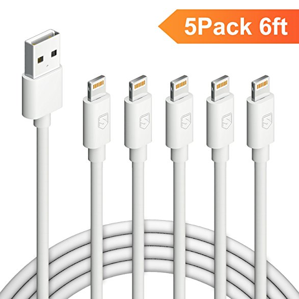 Sundix iPhone Charger 5Pack 6FT 8-Pin Lightning to USB Cable Charging Cord Compatible with iPhone X 8 8 Plus, iPhone 7 7 Plus 6 6s 6 Plus 6s Plus, iPhone 5 5s 5c, iPad, iPod and More(White)