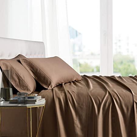 Exquisitely Lavish Body Temperature-Regulated Bedding, 100% Tencel Lyocell Fibers from Eucalyptus, 300 Thread Count, 4 Piece Queen Size Deep Pocket Silky Soft Sheet Set, Taupe
