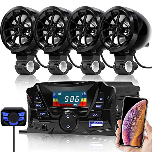 GoHawk TS3-Q 4 Channel Amplifier 3" Motorcycle Waterproof Bluetooth Speakers MP3 Music Sound Audio Stereo Amp System for 7/8-1 in. Handlebar ATV 4 Wheeler w/ AUX, USB, micro SD, FM Radio