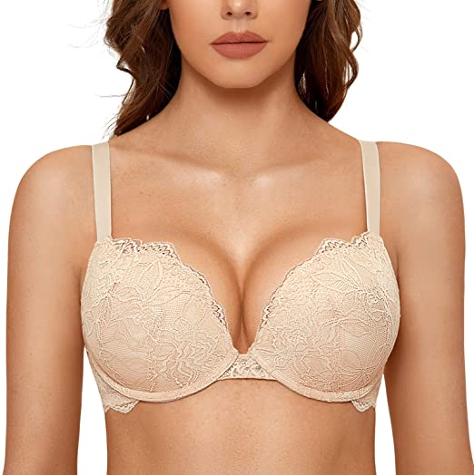 DOBREVA Women's Push Up Lace Bra Sexy Plunge Padded Underwire Support Bras Full Coverage