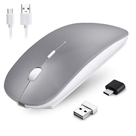 Candywe Rechargeable Wireless Mouse 2.4G Slim Noiseless Click Computer Mouse with USB Receiver & USB-C Adapter Wireless Mouse for Laptop, MacBook, Desktop, Tablet, Computer, Notebook, PC (Grey)