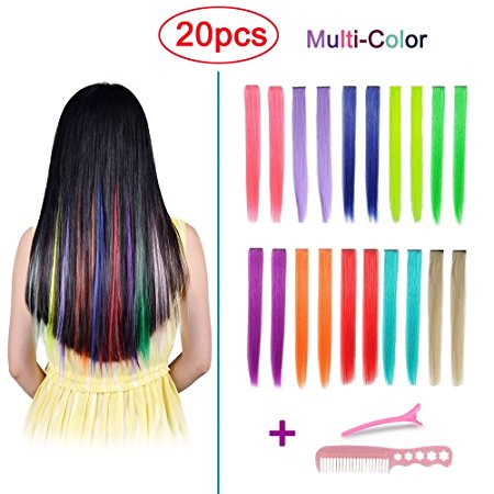 Hawkko 20PCS Straight Colored Clip in Hair Extensions Party Highlight Multiple Colors Hairpieces, With Gift Alligator Hair Clip & Steel Comb (20pcs-Monocolor Full Color Set)