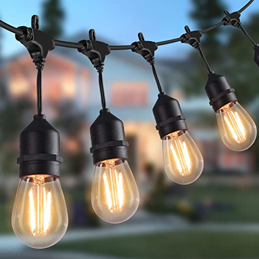 48 Feet Led Outdoor String Lights with 15 Shatterproof Energy Saving Bulbs UL Listed Commercial Grade Connectable Weatherproof Strand for Patio Deck Backyard Garden Wedding, Black Cord, 2700K