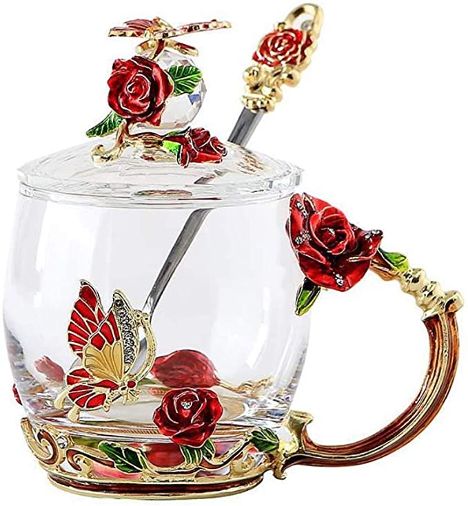 DELIWAY Novelty Flower Glass Coffee Mug Handmade Enamel Tea Cup Anniversary Birthday Present for Women Girl Boyfriend (Rose)