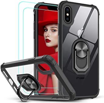 LeYi for iPhone X/iPhone XS Case and 2 Tempered Glass Screen Protector,Crystal Clear Ring Holder Military Grade Protective Shockproof Tough Silicone Hard Mobile Phone Cover for Apple iPhone X/XS Black