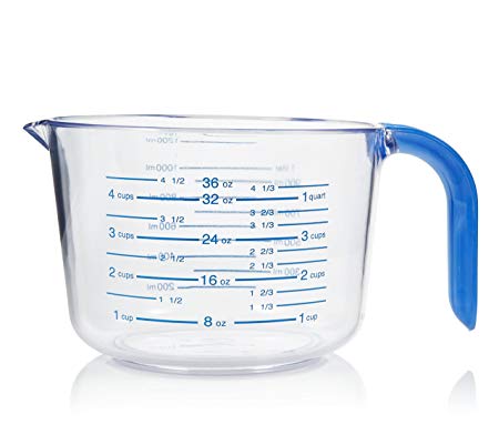 Arrow Home Products 03212 4-1/2 Cup Cool Grip Measure Cup, 36-Ounce Capacity, Crystal with Blue Handle and Graduates