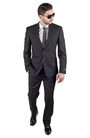 Slim Fit Men Suit Solid Black 2 Button Notch Lapel Flat Front Pants By Azar
