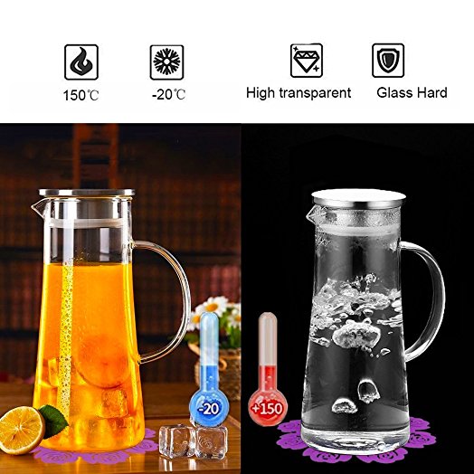 Carafe with lid 1.5L, BOQO glass jug with handle,milk carafe stainless steel cover infuse red wine,water,milk,fruit juice,hot coffee,hot tea,ice drinks,glass pitcher Borosilicate glass teapot 53oz