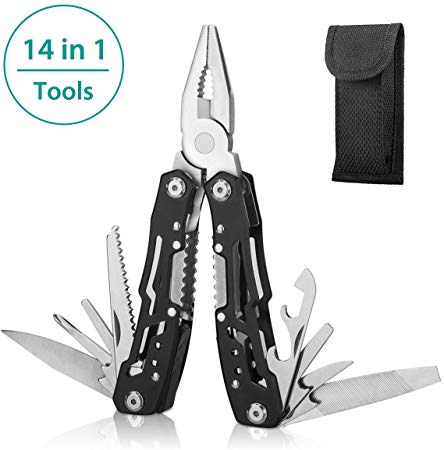 Multitool with Safety Locking, Stainless Steel Multitool Pliers Pocket Knife with Nylon Sheath for Outdoor, Survival, Camping, Hunting and Hiking (14-In-1)