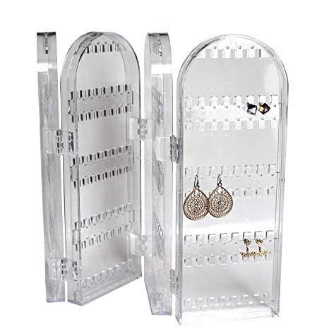 Foldable Clear Transparent Acrylic Jewellery Organiser Display Cabinet by Kurtzy - Tall Storage Stand Displays Earrings, Necklaces and Bracelets - Holds 120 slots for Earrings - Natural Design