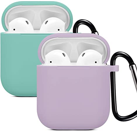 Compatible Airpods Case Cover, Silicone Protective Skin for Apple Airpod Charing Case 2&1 with Magnetic Headphone Strap and Keychain (2Pack)-Purple/Turquoise