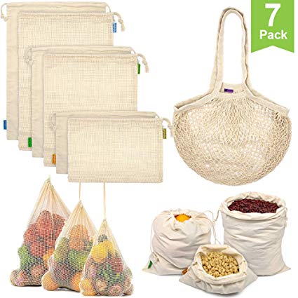 Reusable Produce Bags, Organic Cotton Mesh Bags Muslin Bags with Drawstring Bonus Reusable Grocery Bag for Shopping & Storage, Washable, Biodegradable, Eco-friendly, Tare Weight on Color Tag(7 Pack)