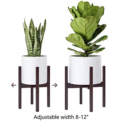 Mkono Adjustable Wood Plant Stand Mid-Century Modern Indoor Outdoor Plant Holder,Adjust Width 8" up to 12" (Plant and Pot NOT Included),Dark Brown